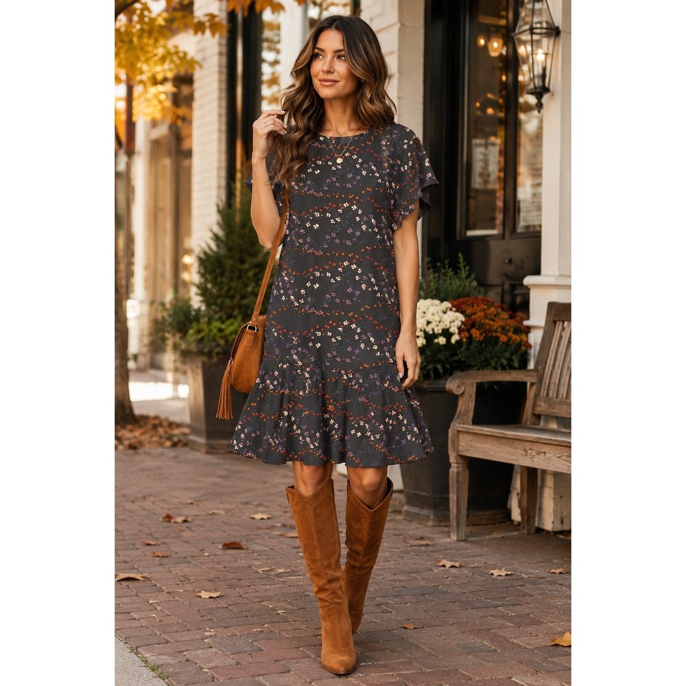 Cabi 3828 Flutter Sleeve Floral Print Drop Waist Ruffle Dress Charcoal XS
